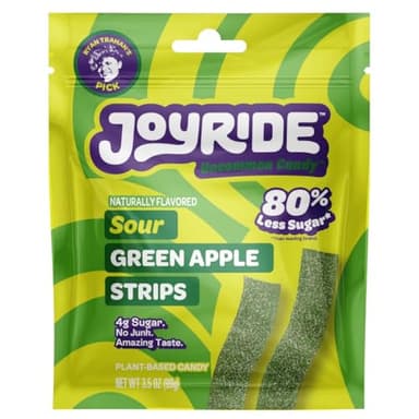 Joyride Sweets Candy Joyride Sour Candy Strips - 3.5oz-Gummy Candy, Candy Strips, Sour Candy, 80% Less Sugar, Plant-Based, Vegan (Sour Green Apple)