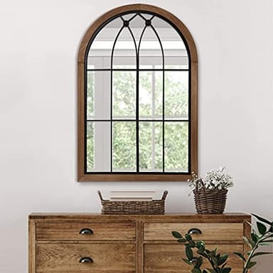 blue page Arched Wall Mirror – Large Rustic Farmhouse Mirror, White/Brown Frame Vintage Window Style | Easy to Mount | Bathroom, Bedroom, or Entryway Accent