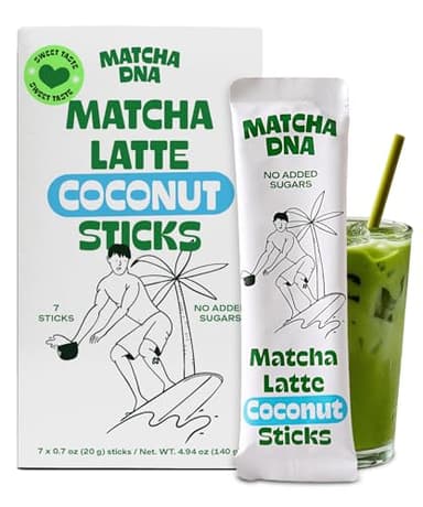 MatchaDNA Coconut Matcha Latte Powder Sticks 7 Pack (20g Each) – Sweetened with Milk, No Sugar Added – Instant Matcha Latte Mix Packets – Organic Macha Tea Powder for Hot or Iced Drinks, Smooth Energy