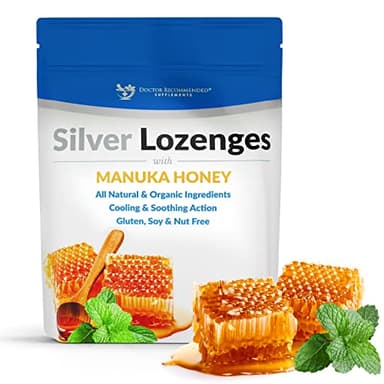 Silver Lozenges with Organic Manuka Honey and Vitamin C - All-Natural Nano Silver 45-50mcg of 60 PPM Colloidal Silver Mineral Drops to Support Immune System, Soothe, Cool Cough & Throat, 24-Lozenges
