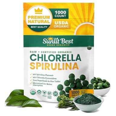 Sunlit Best Chlorella Spirulina Tablets - Organic USDA, Premium Spirulina and Chlorella Tablets 1000 Count - Sun Chlorella Pure Natural Superfood with Algae, Enzymes Chlorophyll & Vegan Protein