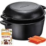 Overmont 2 in 1 Pre Seasoned Dutch Oven with Skillet Lid for Induction, Electric, Grill, Stovetop, BBQ, Camping (5 Quart)