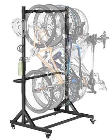 monTEK Freestanding Bike Storage Rack for 5 Bikes, Heavy Duty 350LBS Vertical Bike Stand with 5 Bike Hooks & 6 Helmet Hooks, Indoor and Outdoor Bike Storage Rack with Locking Casters