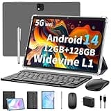 JJGJ Android 14 Tablet with Keyboard, 12GB RAM (4+8), 128GB Storage, 1TB Expandable, 8000mAh Battery, 10 Inch 2-in-1 Tablets, Includes Case, Mouse & Stylus（Black）