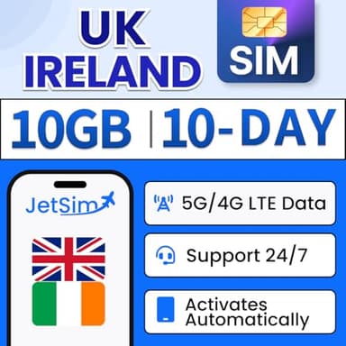 JetSim International Sim Card - UK Sim Card for Travel with Unlimited Data Includes 10GB High-Speed, 10 Days - Perfect for Travellers, Students, Foreign Workers, Short & Long Term Stay in Europe