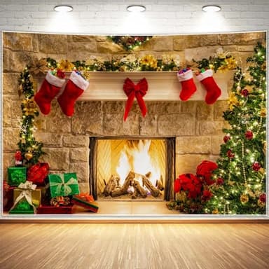 Haboke 7x5ft Christmas Fireplace Theme Backdrop for Photography
