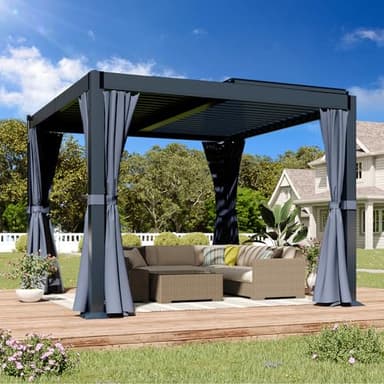 MELLCOM Louvered Pergola 10x10ft with 2 Independent Adjustable Roof, All-Weather Aluminum Shelter with Drainage System, Waterproof Curtains and Netting for Patio, Deck (Dark Gray)
