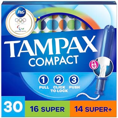 Tampax Compact Pearl Tampons for Women Multipack, with LeakGuard Braid & Extendable Applicator, Super/Super Plus Absorbency, Compact Extendable Applicator, Unscented, 30 Count