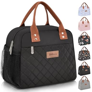 HOMESPON Insulated Lunch Bag for Women Men Adults Lunch Tote with Front Pocket Lunch Box Container Cooler Bag for Work Picnic (Black with Side Pockets)