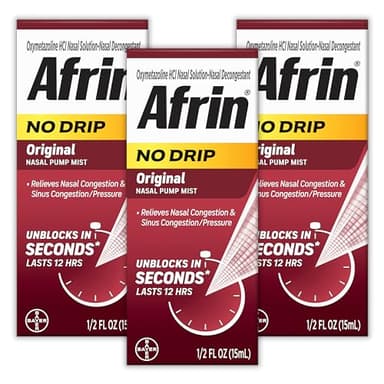Afrin No Drip Original Nasal Mist Triple Pack, Non-Drowsy, Fast-Acting Decongestant for Nasal Congestion and Sinus Pressure Relief, Adults and Children 6 and Older, .5 fl oz (Pack of 3)
