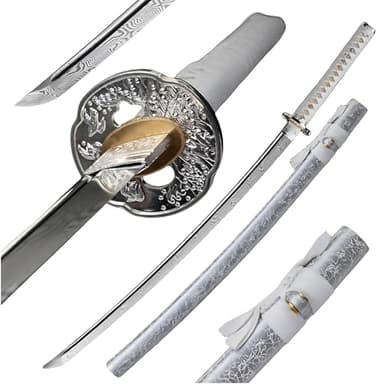 KAWANO Katana Sword, Japanese Handmade Damascus Steel Folded Samurai Sword, Functional Full Tang Blade Katana, Real Rayskin Handle with Gift Bag (Sliver Katana)