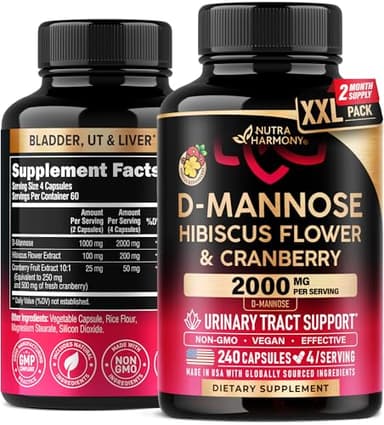 D-Mannose 2000mg with Cranberry & Hibiscus - Clinically Tested Strength for Urinary Tract Health - Supplement for Women - Bladder, Liver & Microflora Support - Made in USA - Vegan, 240 Capsules
