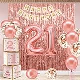 21st Birthday Decorations for Her,Happy 21st Birthday Decorations for Women Rose Gold 21 Boxes Decor for Girls Happy Birthday Banner Pink Rose Gold Foil Number Balloons Party Supplies Tassel Curtain