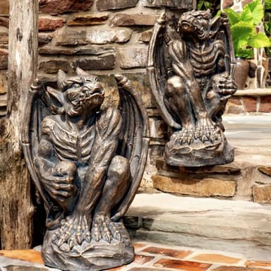 Zaer Ltd. Set of 2 Gothic Gargoyle Garden Statues, 28.4 Inch Tall Outdoor Sculptures (Aged Bronze)