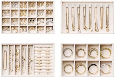 Velvet Jewelry Drawer Organizer Trays – 4-Layer Stackable Jewelry Storage Inserts Set, Beige Jewelry Tray Set for Earrings, Rings, Necklaces, Bracelets with Removable Dividers for Dresser & Vanity