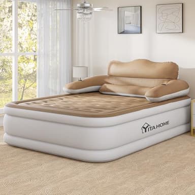 YITAHOME Queen Size Air Mattress with Headboard, 18in Inflatable with Pillow, Blow Up Mattress with Removable Electric Pump, Comfort Air Bed Queen for Camping & Home, Brown