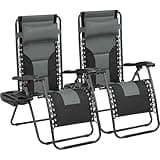 Yaheetech Padded Zero Gravity Recliner, Foldable Outdoor Patio Chairs, Adjustable Anti Gravity Lounger for Backyard Camping w/Carry Strap, Cup Holder, Pillow Gray/Black Set of 2
