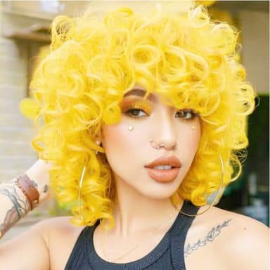 Kavsni Short Curly Wigs for Black Women Soft Black Big Curly Wig with Bangs Afro Kinky Curls Heat Resistant Natural Looking Synthetic Wig for African American Women (Yellow)