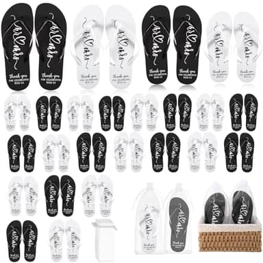 Breathffy 24 Pairs Wedding Flip Flops Bulk Slippers Flip Flops Women Wedding Sandals with Size Cards Drawstring Bags (White,Black)