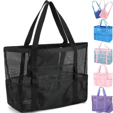 Fammart Mesh Beach Bag, Large Beach Tote with Zipper Pocket, Toys Pool Bag for Family Travel Vacation Cruise Essentials, Large - Black