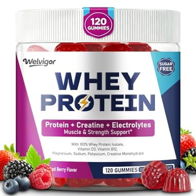 Welvigor 3-in-1 Whey Protein Gummies: Muscle Power Support with 10g Whey Isolate, Creatine & Electrolytes, 0 Sugar Keto Post Workout Supplement for Men & Women, Energy Boost On-the-Go Fitness, 120Cts