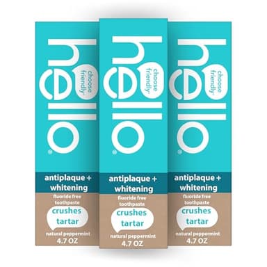 hello Antiplaque and Whitening Fluoride Free Toothpaste, Whitening Toothpaste with Coconut Oil and Tea Tree Oil, Helps Whiten Teeth, Natural Peppermint, 3 Pack, 4.7 Oz Tubes