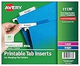 Avery Printable Tab Inserts for Hanging File Folders, 1/2" x 2", 1/5 Cut, White, 100 Index Tab Inserts (11136)