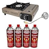 Gas One Propane or Butane Stove GS-3400P Dual Fuel Portable Camping and Backpacking Gas Stove Burner with Carrying Case Great for Emergency Preparedness Kit (Gold) (Stove + 4 Butane Fuel)