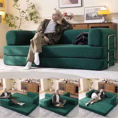 WHGBJA 79" Convertible Sleeper Sofa Bed with Cylindrical Pillow, Corduroy Folding Mattress Couch with Fixed-Shape Frame, Floor Sofa Lounge Couch for Living Room Bedroom Lounge Studio (Green)