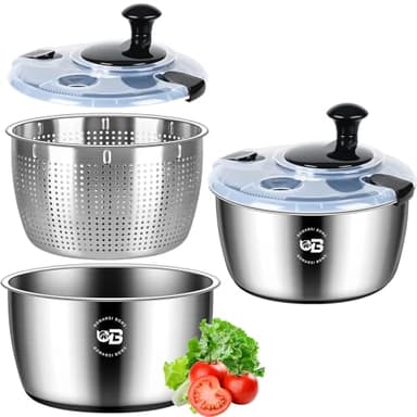 5.3 Qt Stainless Steel Salad Spinner, BOMANSI BOMS Vegetable Spinners, Lettuce Spinner, Fruit Washer, Large Salad Spinners, Dishwasher Safe, 304 Stainless Steel Bowl & Basket