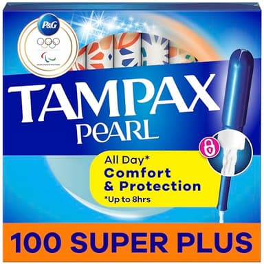 Tampax Pearl Tampons for Women, with LeakGuard Braid, Super Plus Absorbency, Unscented, 100 Count (2 Packs of 50)
