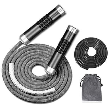 Redify Weighted Jump Rope for Workout Fitness(1LB), Tangle-Free Ball Bearing Rapid Speed Skipping Rope for MMA Boxing Weight-loss,Aluminum Handle Adjustable Length 9MM Fabric Cotton+9MM Solid PVC Rope (Grey)