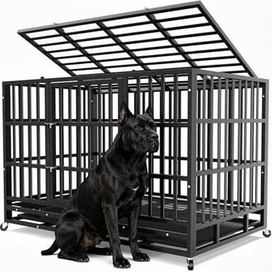 Hiwokk 48 Inch Heavy Duty Dog Crate, Indestructible Escape-Proof Dog Kennel for High Anxiety Large Dogs, Strong Metal Pet Cage with Double Doors, Lockable Wheels & Removable Tray, XL XXL XXXL