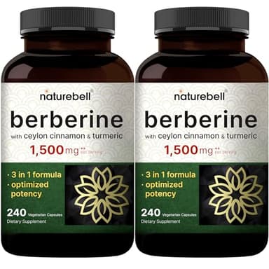 NatureBell Berberine Supplement 1,500mg with Ceylon Cinnamon & Turmeric Root, 480 Veggie Capsules (2 Pack) | 97% Pure Berberine HCL | Supports Balanced Sugar Levels & Heart Health | Vegan, Non-GMO