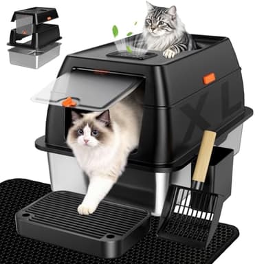 Tevila Extra Large Stainless Steel Litter Box with Lid, High Sided Enclosed Metal Cat Litter Pan, Dog Proof Front Entry Top Exit, Odor Control Easy Clean Leak Proof, Includes Mat, Scoop & Step, Black