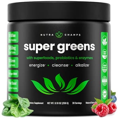 NutraChamps Super Greens Powder Premium Superfood | 20+ Organic Green Veggie Whole Foods | Wheat Grass, Spirulina, Chlorella & More | Antioxidant, Digestive Enzyme & Probiotic Blends