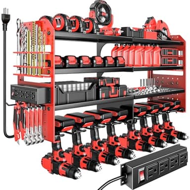VeyFolzin.st Large Power Tool Organizer Wall Mount with Charging Station, 4 Layer Heavy Duty Metal Cordless Tool Organizer, Tool Storage Rack with 8 Cordless Drill Holder Screwdriver Hammer(Red)