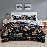 Holawakaka Trucks Tractors Cars Boy Bedding Comforter Set with Sheets, Twin Size Cartoon Construction Car Excavator Print Kids Bed in A Bag 5-Piece, Boys Reversible Dorm Bed Sets (Black Twin)