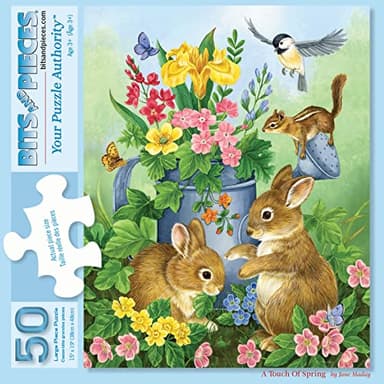 Bits and Pieces 50 Piece Puzzles for Adults, A Touch of Spring - 50 Extra Large Pieces 15" x 19" Jigsaw Puzzles - Bunnies Rabbits Easter - Random Die Cut Pieces No 2 are Alike