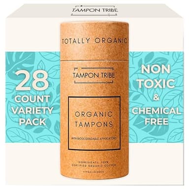 Tampon Tribe Variety Pack Organic Tampons for Women | 28 Non-Toxic Tampons | Natural 100% Organic Cotton, Hypoallergenic, Chemical and Metal-Free with Biodegradable Applicator | (28 Count - Variety)