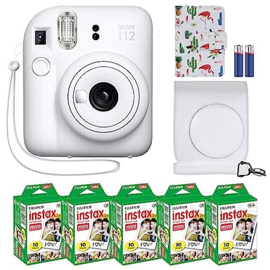 Fujifilm Instax Mini 12 Instant Camera + MiniMate Accessory Bundle & Compatible Custom Case + Fuji Instax Film Value Pack (50 Sheets) Flamingo Designer Photo Album (Clay White)