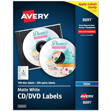 Avery Printable CD Labels, Matte White, Permanent Adhesive, Inkjet Printer Compatible, 100 Disc & 200 Spine Labels, Ideal for CDs, DVDs, PC Discs, Media Projects & More (8691)