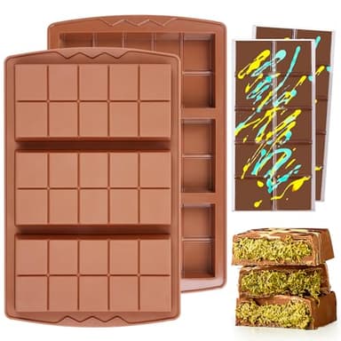 KASHME 2 Pcs Dubai Chocolate Bar Mold Deep Stuffed Silicone Molds for Filling Knafeh Pistachio Chocolate Bar Large Thick Candy Bar Molds Break Apart (10 Snap）