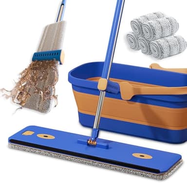 16.5" Self Wringing Flat Mop and Bucket Set, 55" Long Handle Microfiber Mop for Floor and Wall Cleaning, Hands-Free Wet & Dry Mop with Squeegee, 5 Replacement Pads & Collapsible Bucket