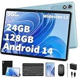 Android Tablet with Keyboard,10 inch Android 14 tablet, 24GB RAM 128GB ROM, 1TB Expand, Octa-Core, Widevine L1, 2.4G/5G WiFi, 8000mAh, Bluetooth, GMS, 2 in 1 Tablet with Case, Mouse, Stylus (Black)