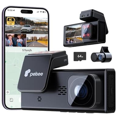 Pelsee 4K 3 Channel Dash Cam Front and Rear Inside, Dash Camera for Cars, 4K+1080P+1080P Dashcam with APP & WiFi, 64GB Card Included, Smart Driving System ADAS DMS, 24H Parking Mode,G-Sensor,256GB Max