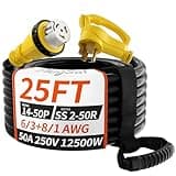 PlugSaf 50 Amp Generator Cord, 25FT 50 Amp RV Extension Cord with Twist Lock, Generator Cable 50A 4 Prong Yellow, NEMA 14-50P/SS2-50R Heavy Duty 6/3+8/1 AWG STW Wire for RV Camper & House