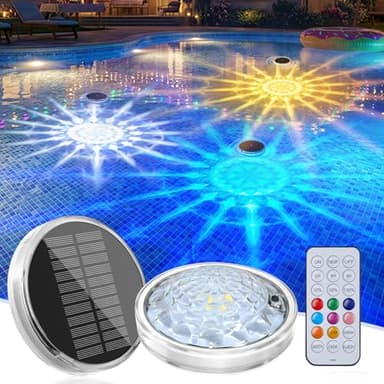 Floating-Solar-Pool-Lights 2 Pack, RGBWW 12 Lighting Modes, 3 Dimming & Timing IP68 Waterproof with Remote Control, Solar Floating Pool Lights for Above Ground Pools Inground Pools Accessories Bathtub