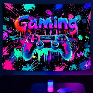 SparkLia Blacklight Gaming Tapestry, UV Reactive Cool Neon Game Controller Wall Hanging, Colorful Graffiti Video Game Wall Tapestries for Teen Dorm Living Room - 30" x 40"