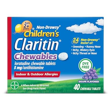 Claritin Children's Allergy Medicine, 24-Hour Non-Drowsy Loratadine 5mg Chewable Tablet, Antihistamine for Kids Ages 2 Years and Older, Grape Flavored, 40 Tablets